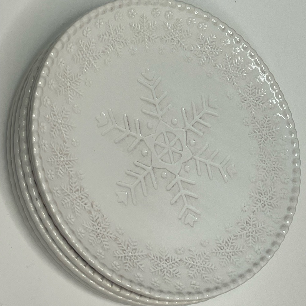 Pier 1 Snowflake Embossed Stoneware Dinner Plates Set of 6 Beige 10” Retired HTF - Picture 6 of 7